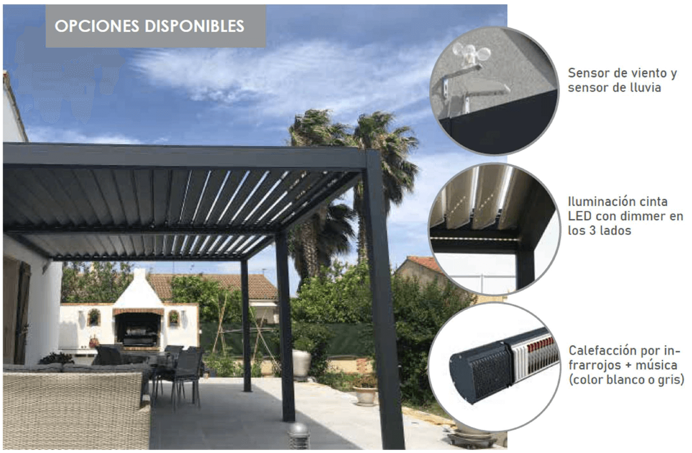 opciones pergolas bioclimaticas sensor led calefaccion