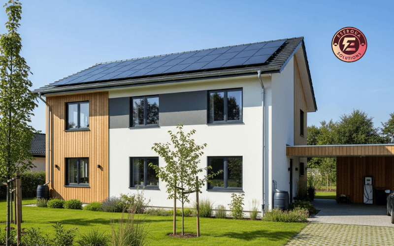 Casa moderna con paneles solares aislamiento termico y ventanas eficientes