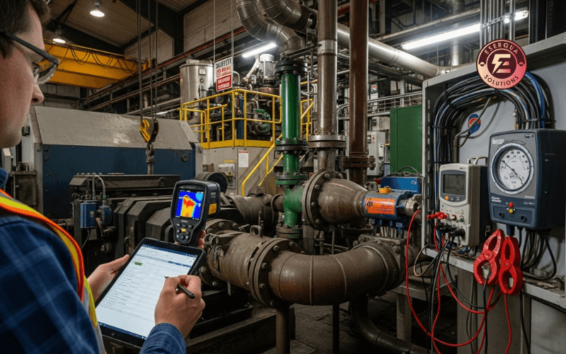 Ingeniero realizando auditoria energetica en industria con equipos de medicion